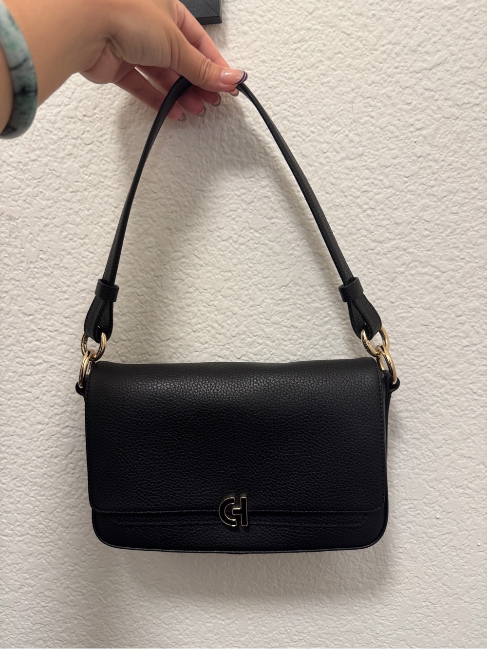 Cole Haan Black Leather Shoulder Bag with Gold Hardware